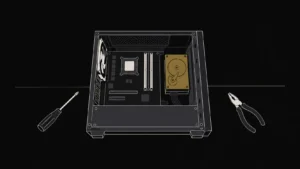 Illustration: aufgeschraubter Computer auf einer Werkbank, die Festplatte als Sinnbild für Betriebswissen hervorgehoben