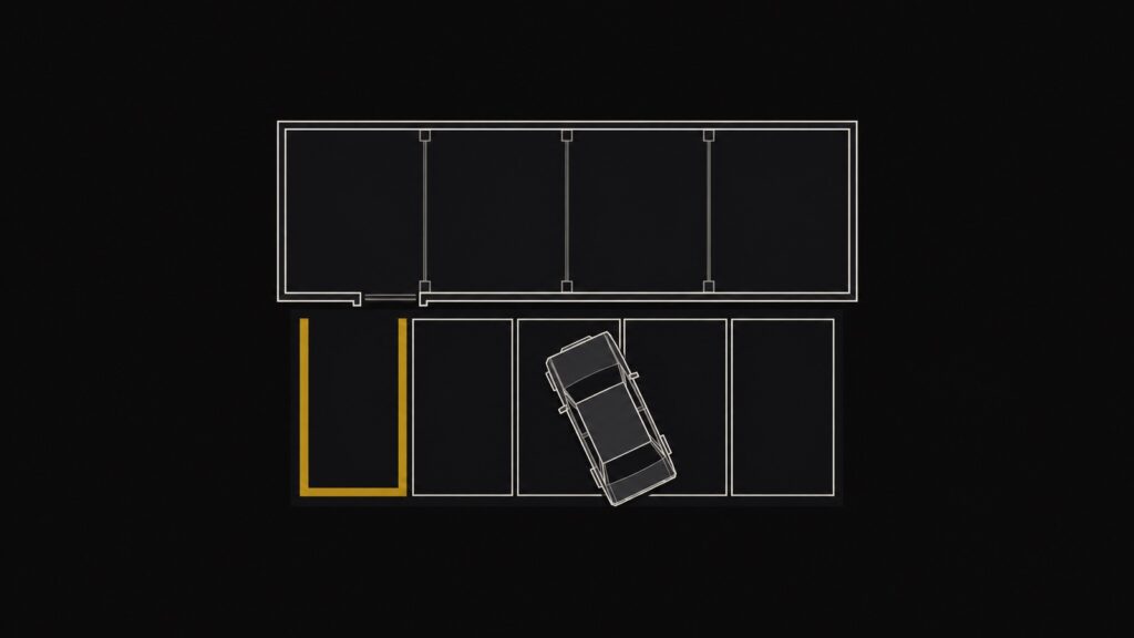 Illustration: Firmenparkplatz von oben, ein Auto steht schräg, der vorderste Platz trägt eine neue Markierung