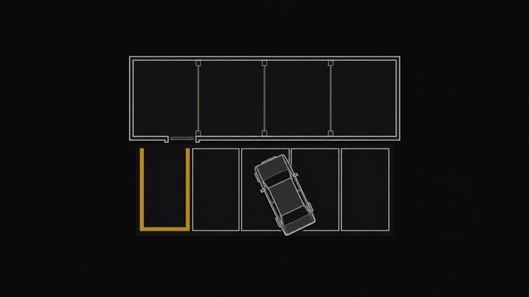 Illustration: Firmenparkplatz von oben, ein Auto steht schräg, der vorderste Platz trägt eine neue Markierung